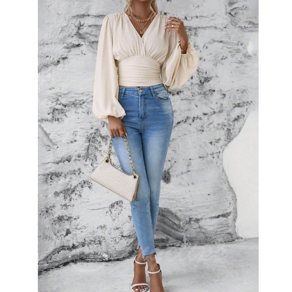 Beige V-Neck Long Lantern Sleeve Ruched Top Shirt Blouse - Picture 4 of 9